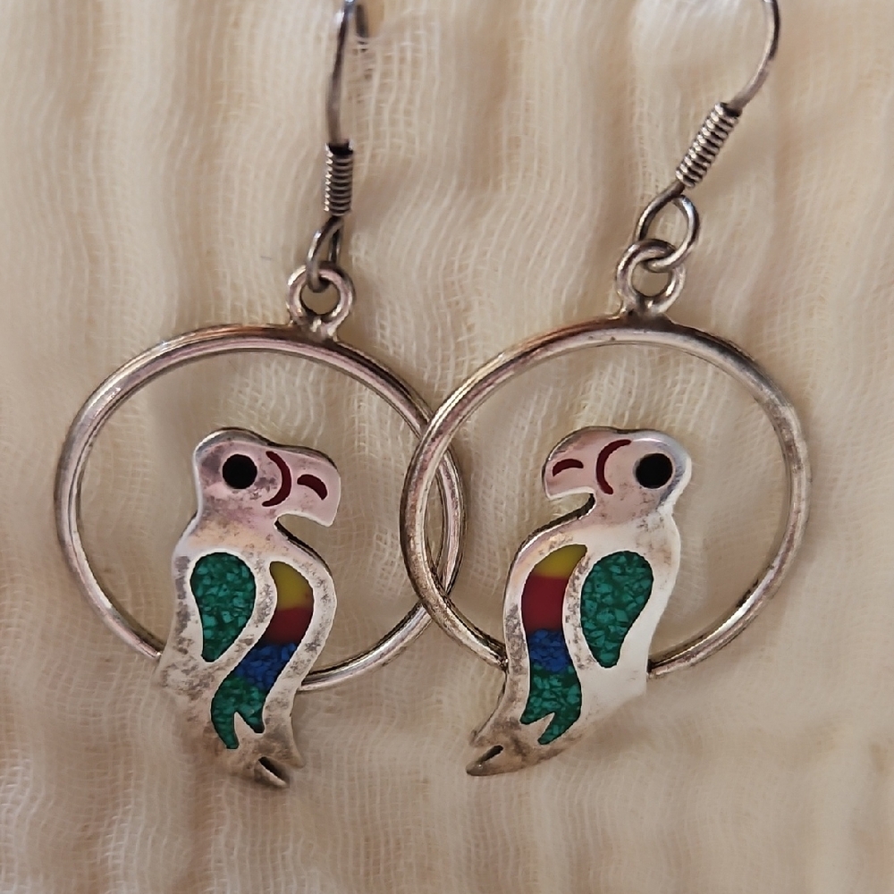 Colorful Parrot Inlay Hoop Drop Earrings - Picture 2 of 8